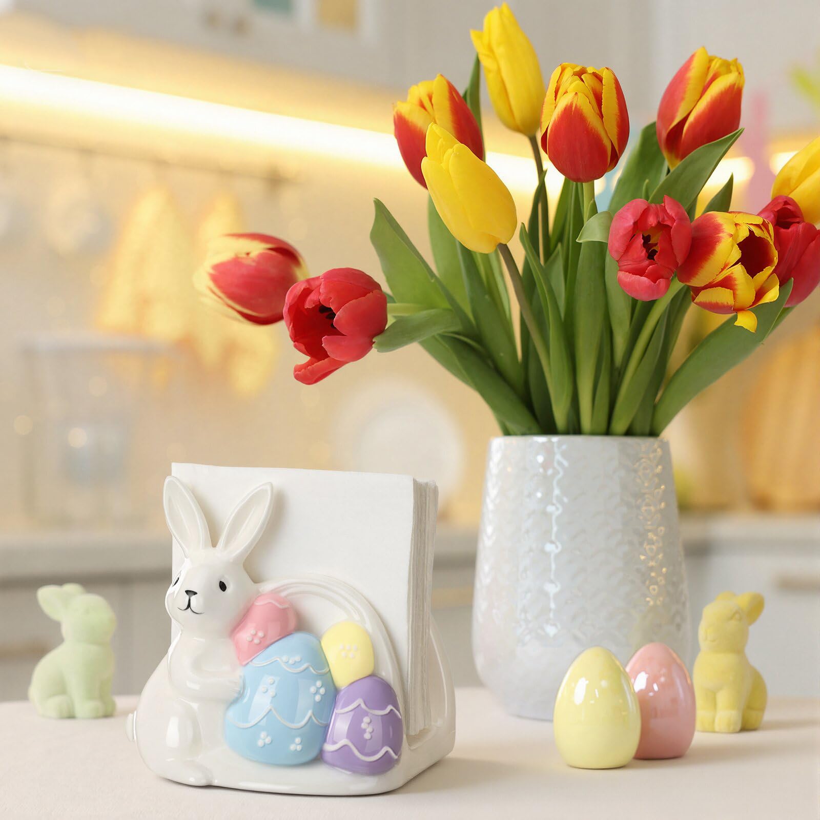 Ceramic napkin holder table decor with bunny
