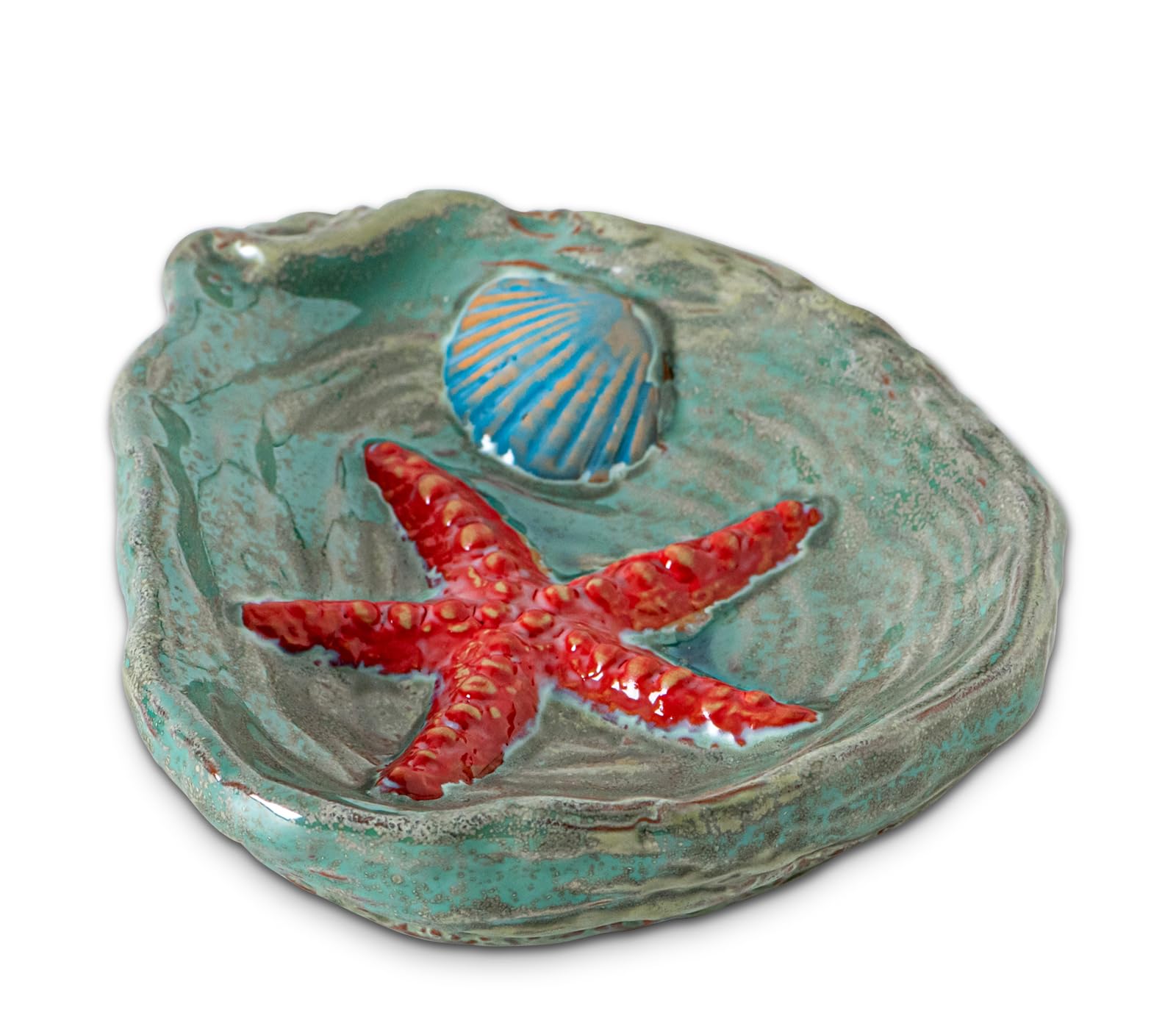 Ceramic Oyster Shell Spoon Rest with red starfish accent