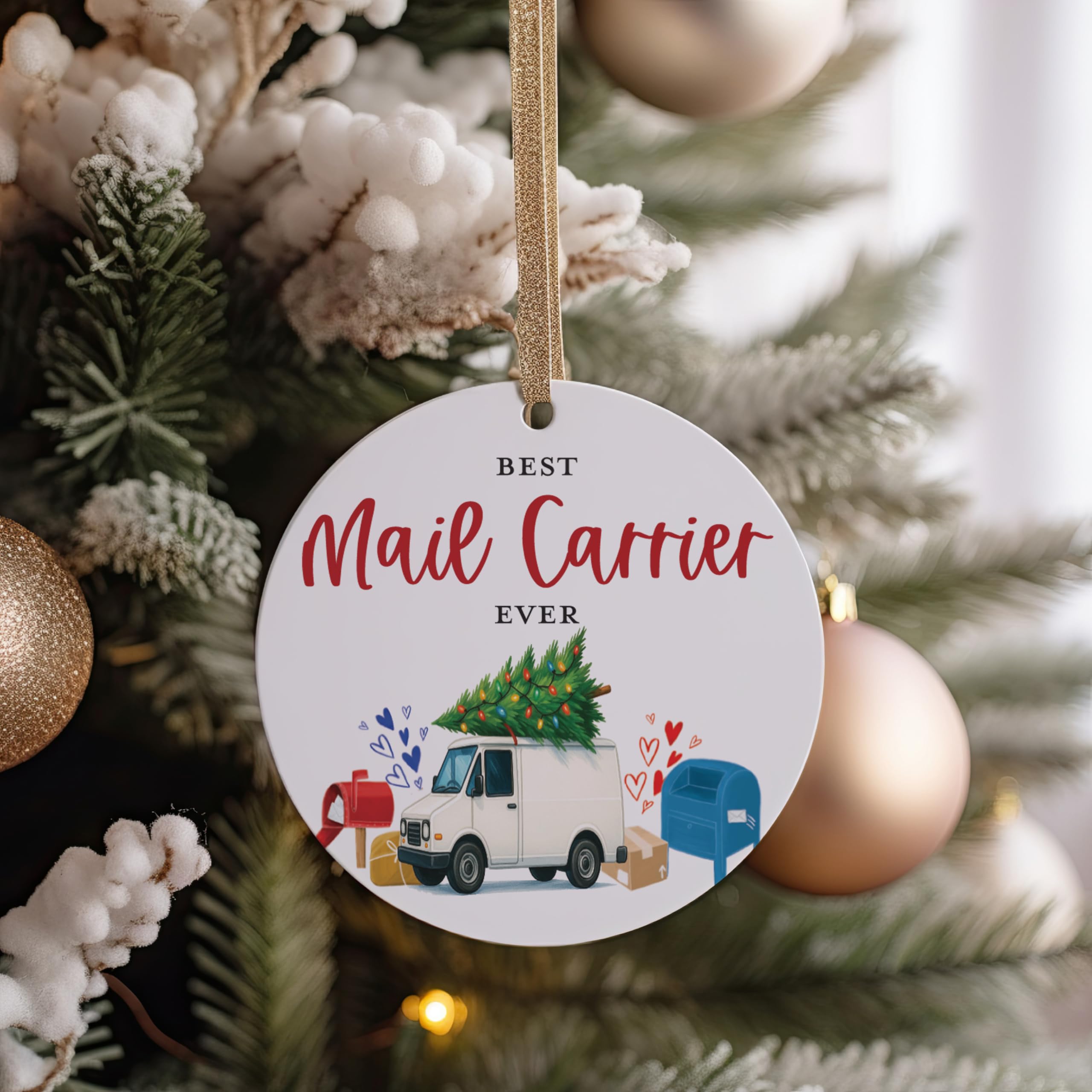 Ceramic postal worker ornament with gift-ready presentation ribbons