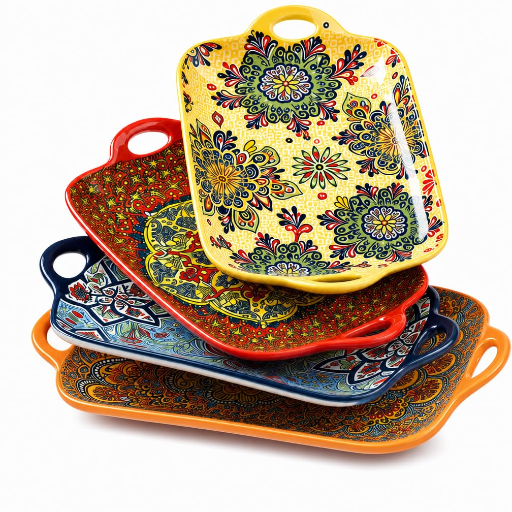 Set of 4 rectangular ceramic serving plates with handles