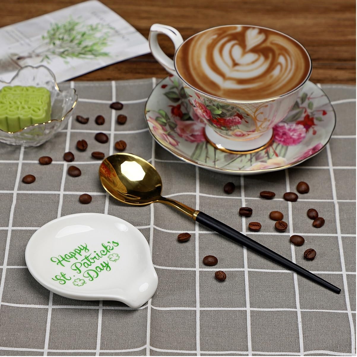 Ceramic shamrock spoon rest protecting stove top and counter