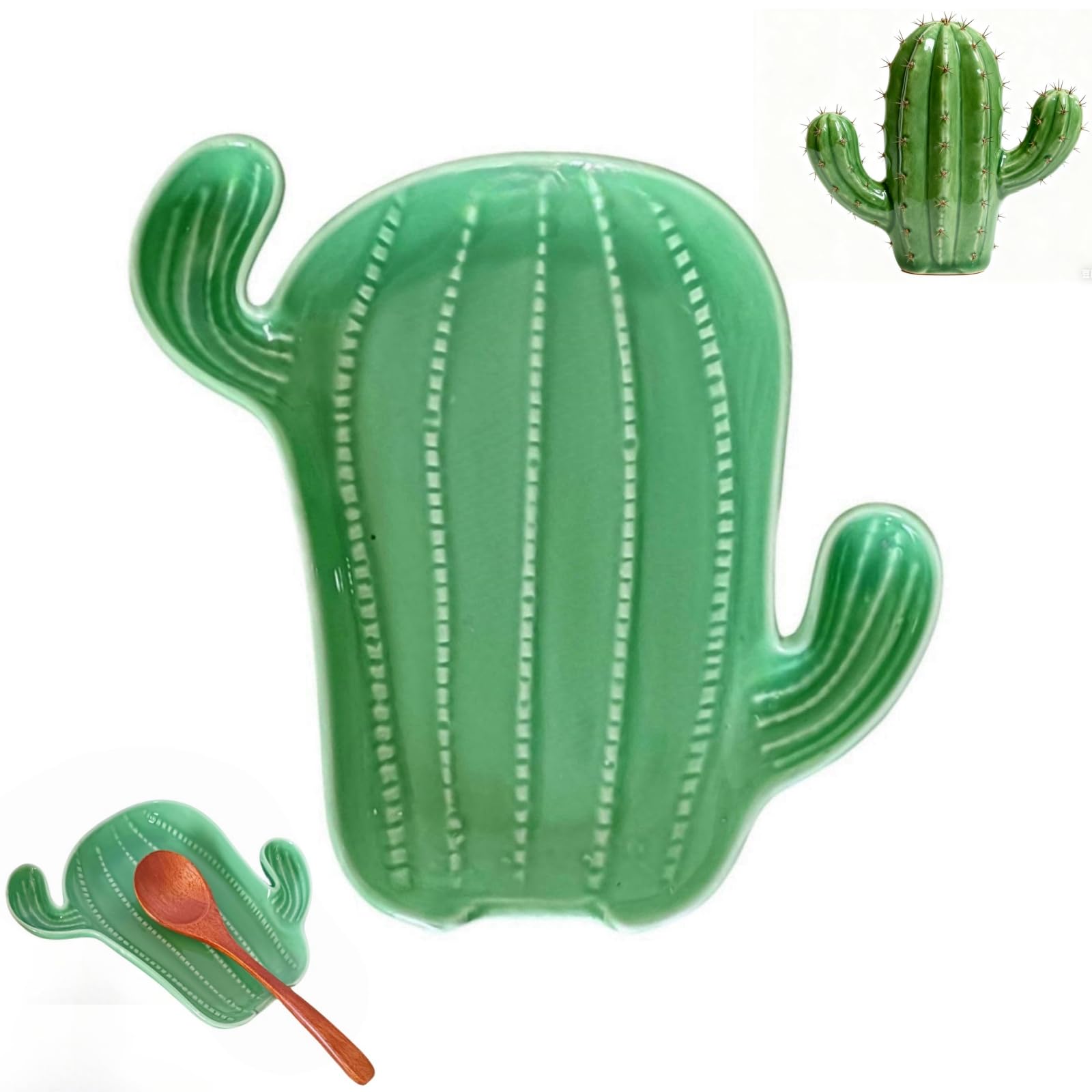Ceramic spoon rest on stove top with green cactus design