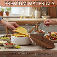 Microwave safe ceramic tortilla warmer in kitchen use