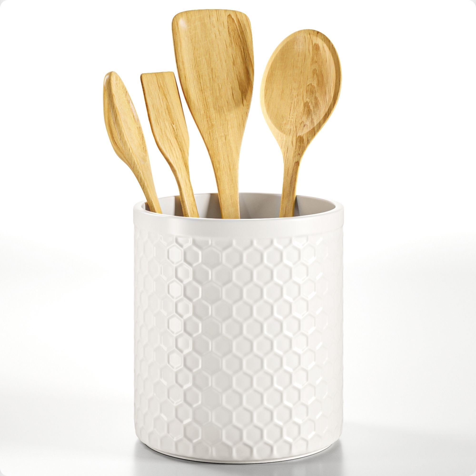 Ceramic utensil holder on kitchen counter with anti-slip base