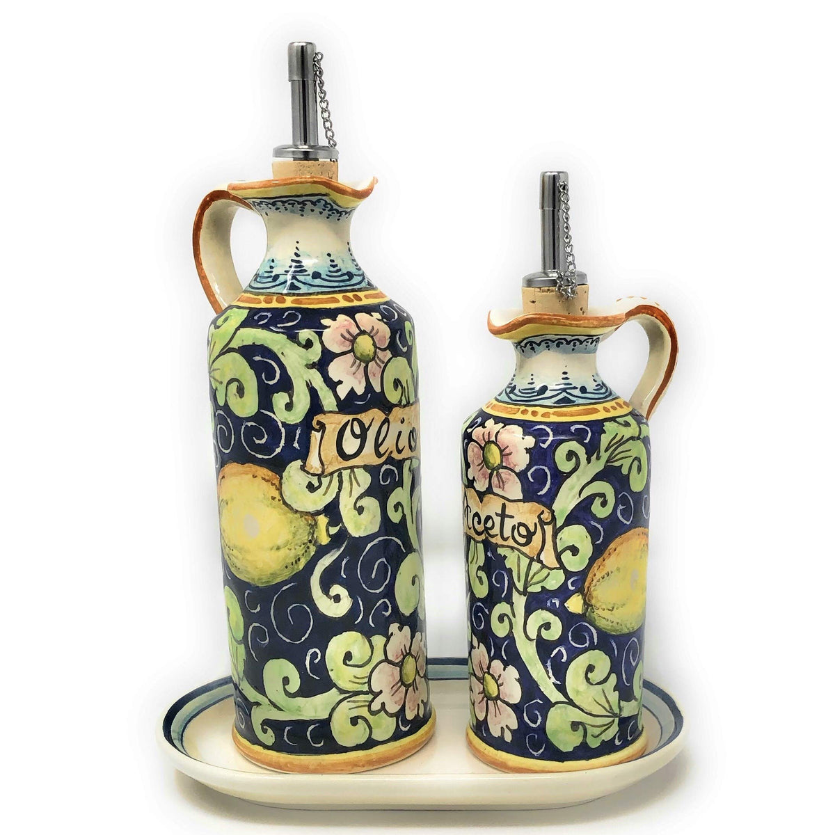 CERAMICHE D'ARTE PARRINI oil cruet with lemon decor on blue background