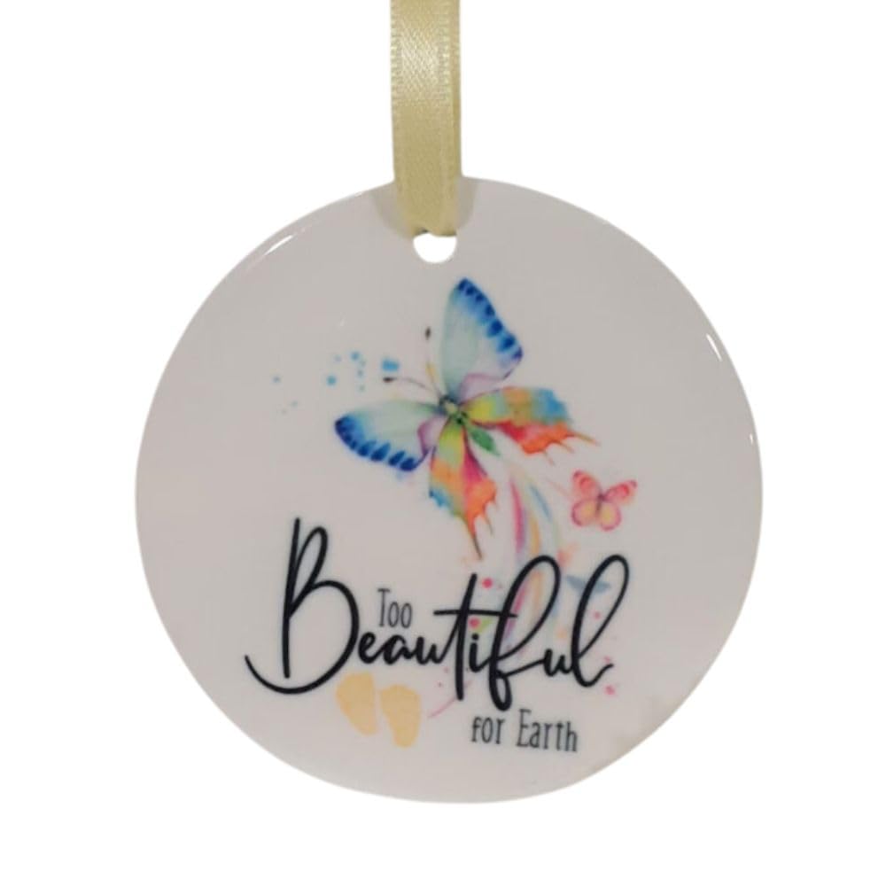 Yellow ribbon hanging on 2.75 inch ceramic ornament