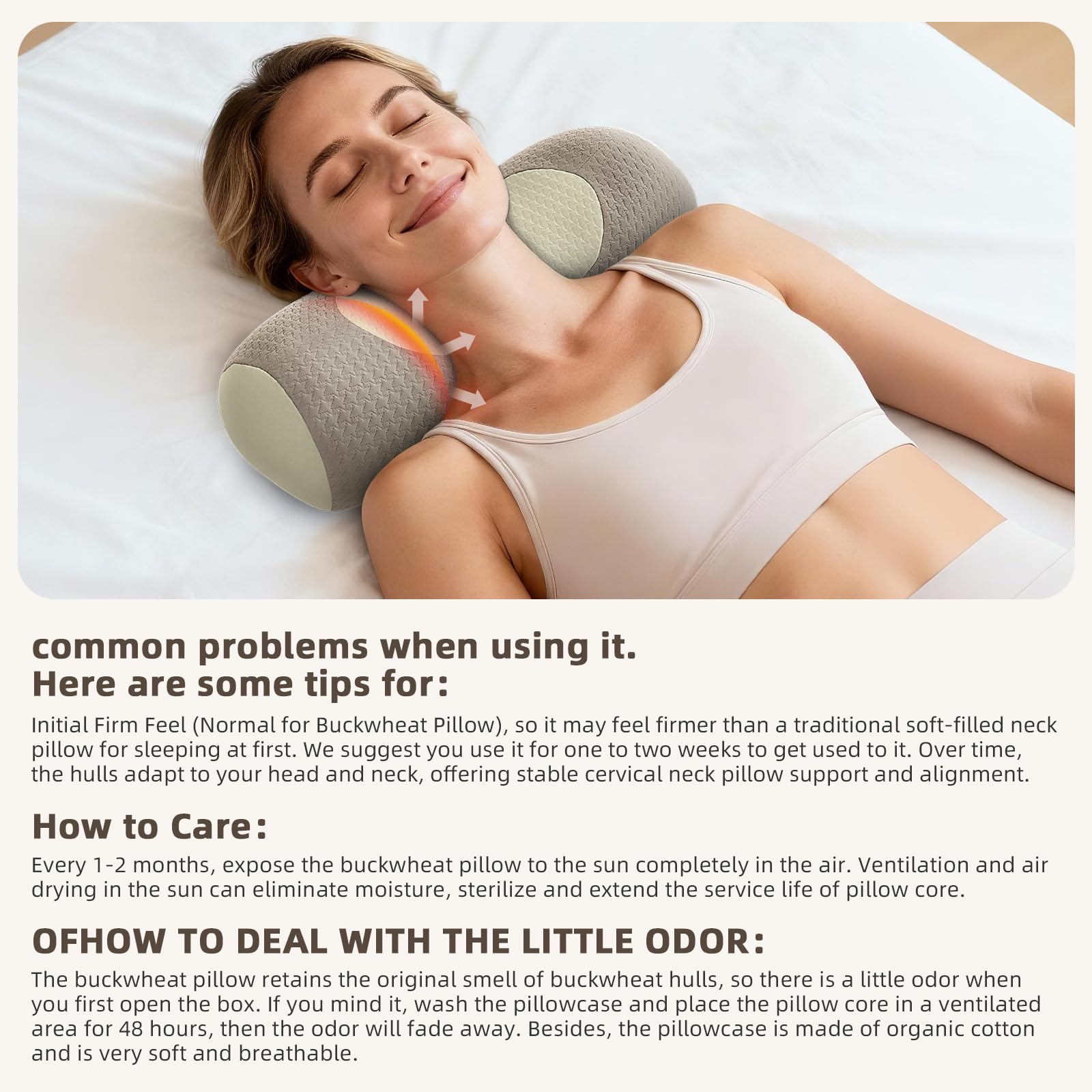 Mild aroma and rustle from buckwheat hulls in pillow