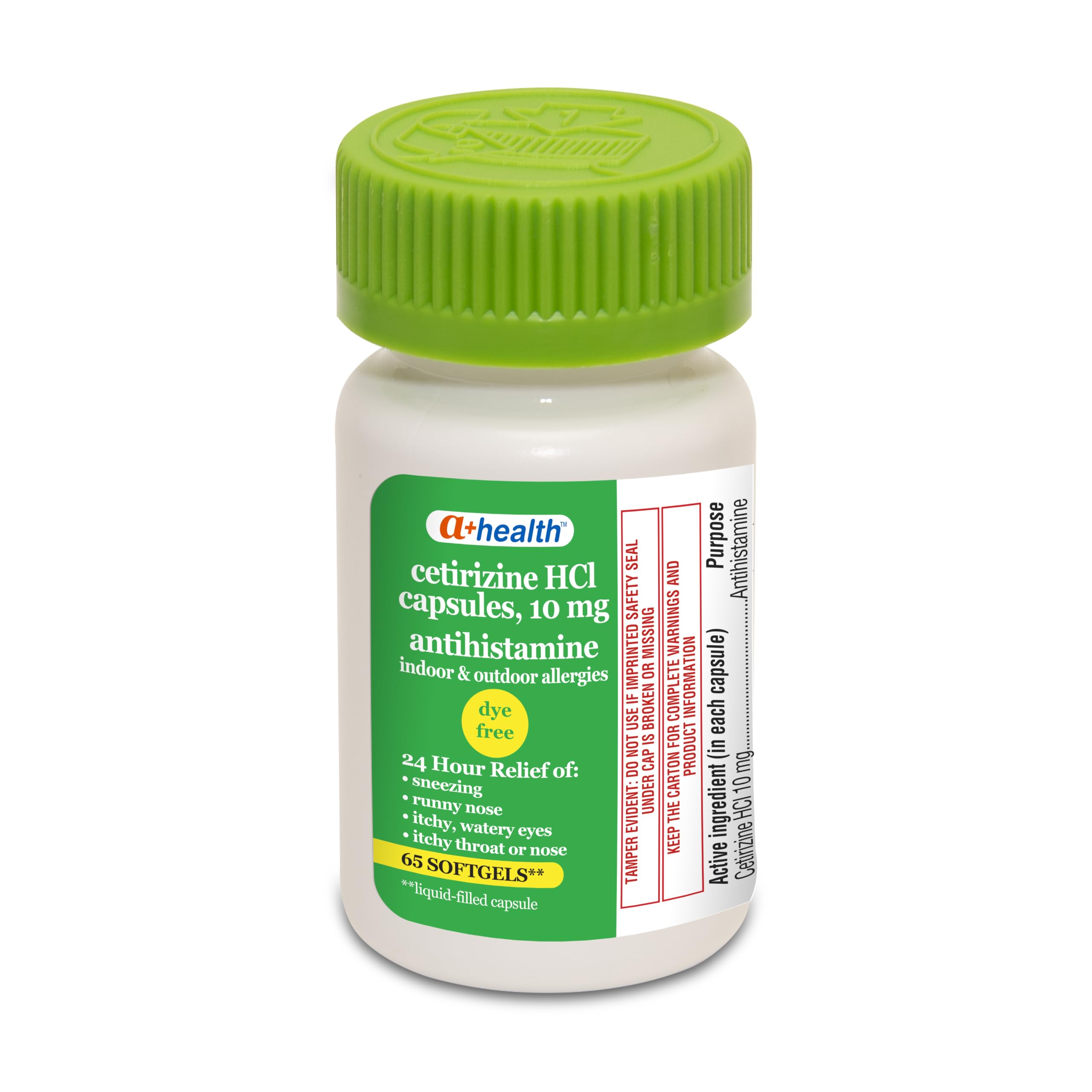 Bottle of cetirizine 10mg dye free softgels