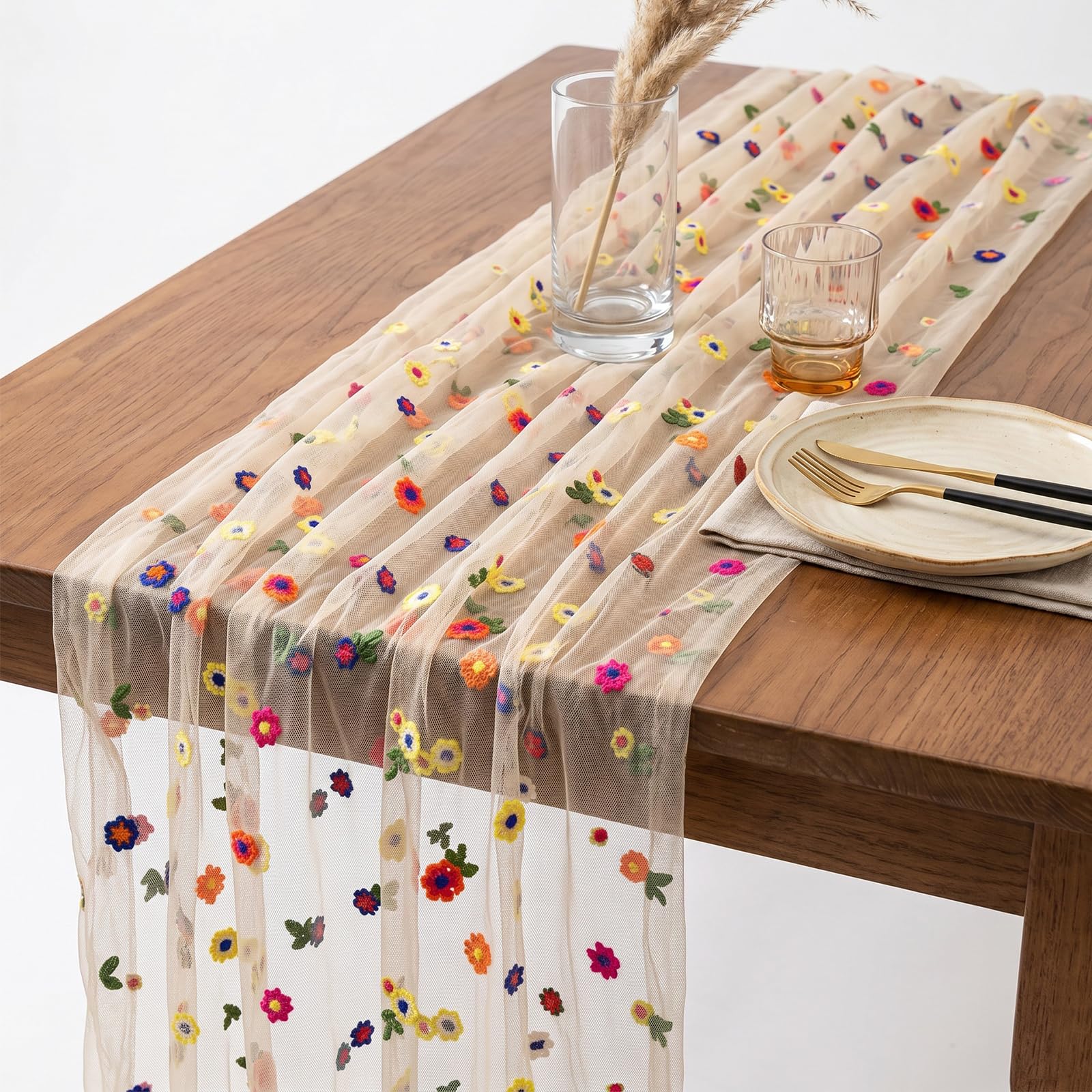 Champagne Floral Table Runner with embroidered daisy pattern for dining