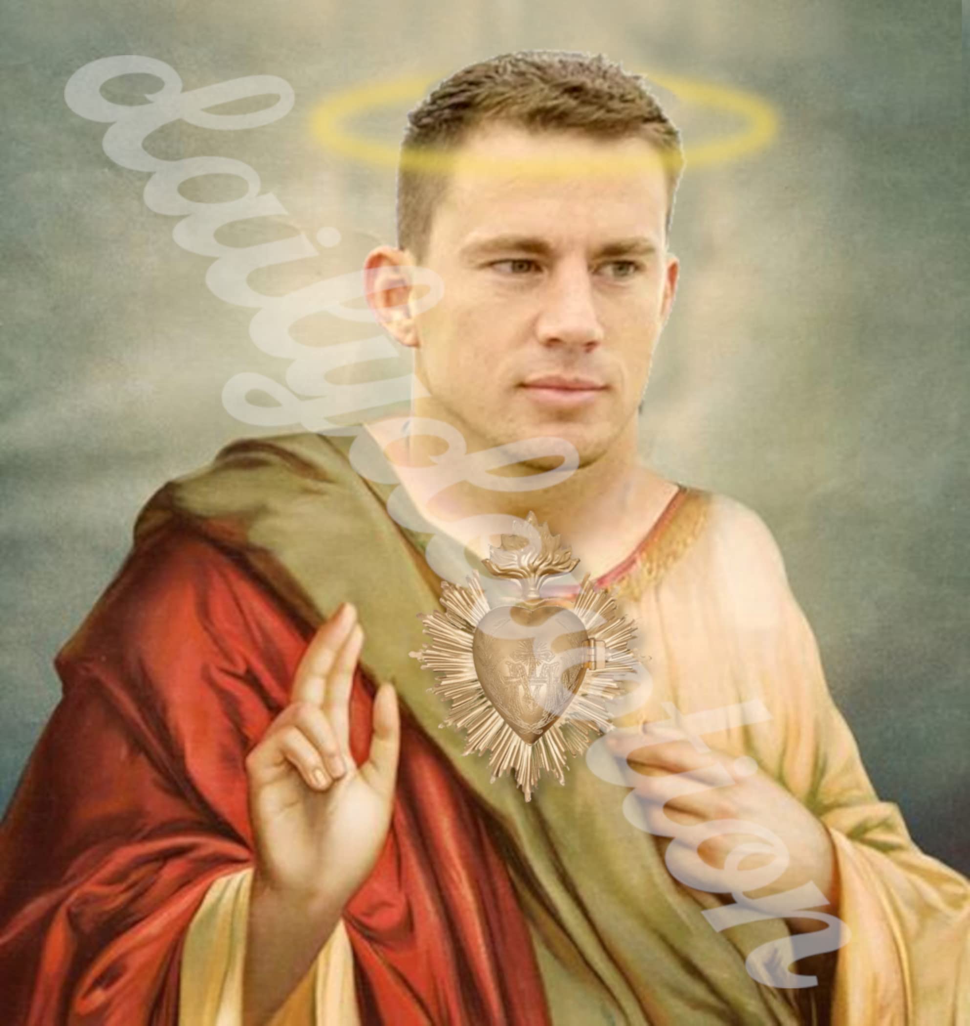 Custom design affixed to traditional glass prayer candle for Channing Tatum parody theme