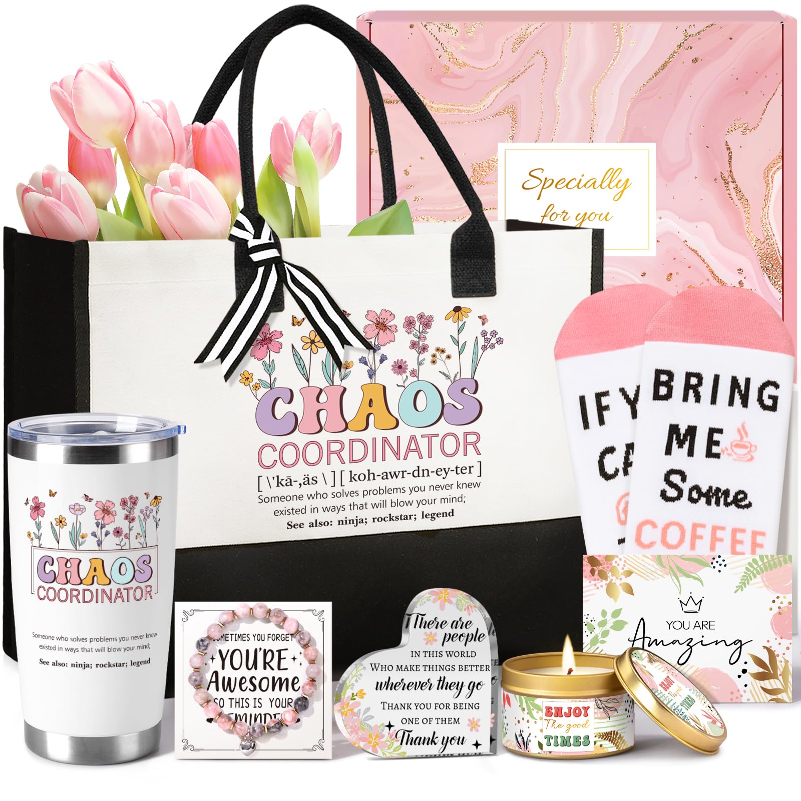 Chaos Coordinator Gifts for Women gift basket with tote and tumbler