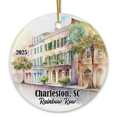 Charleston SC Rainbow Row ornament front view round 3-inch ceramic