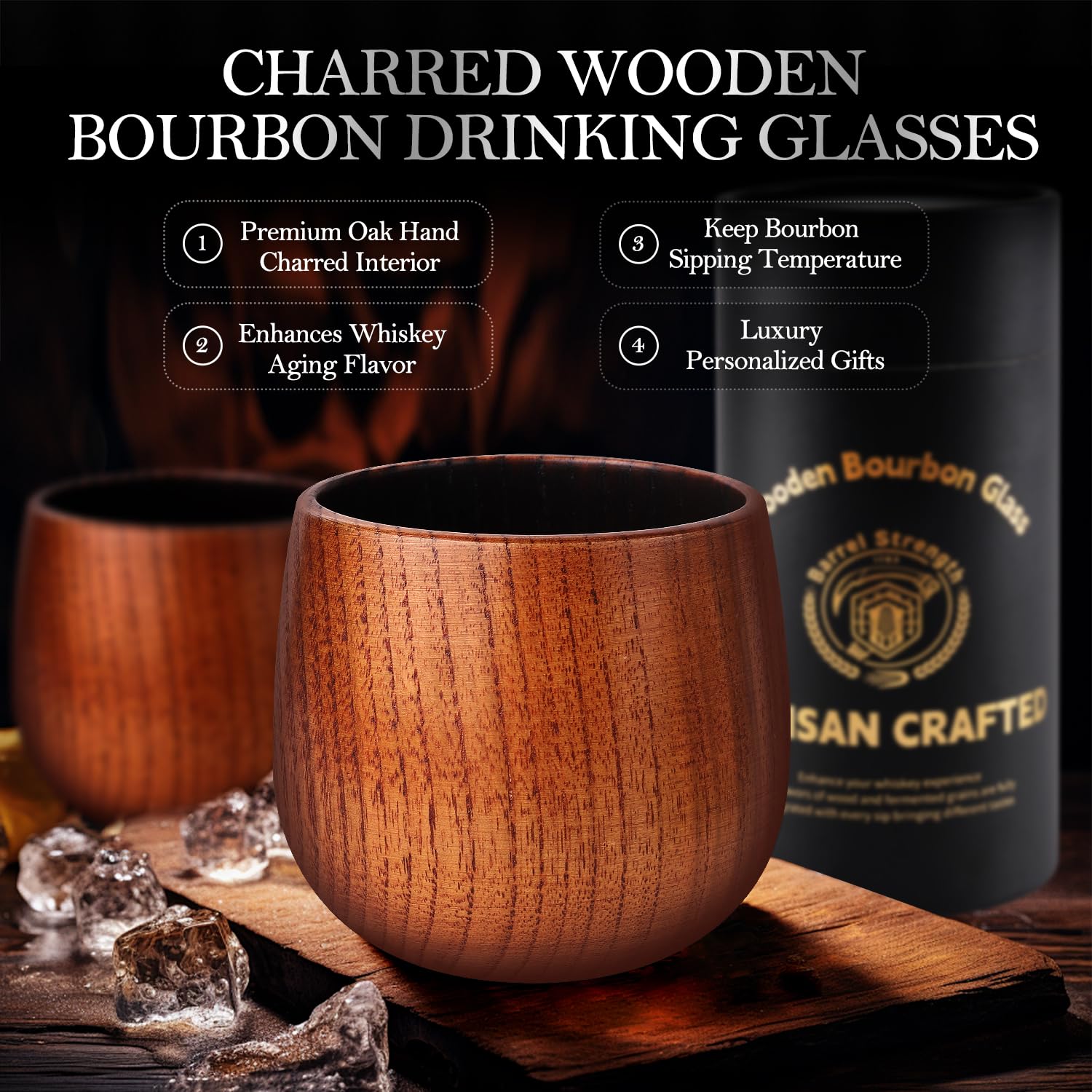 Oak wooden bourbon drinking tumbler close up