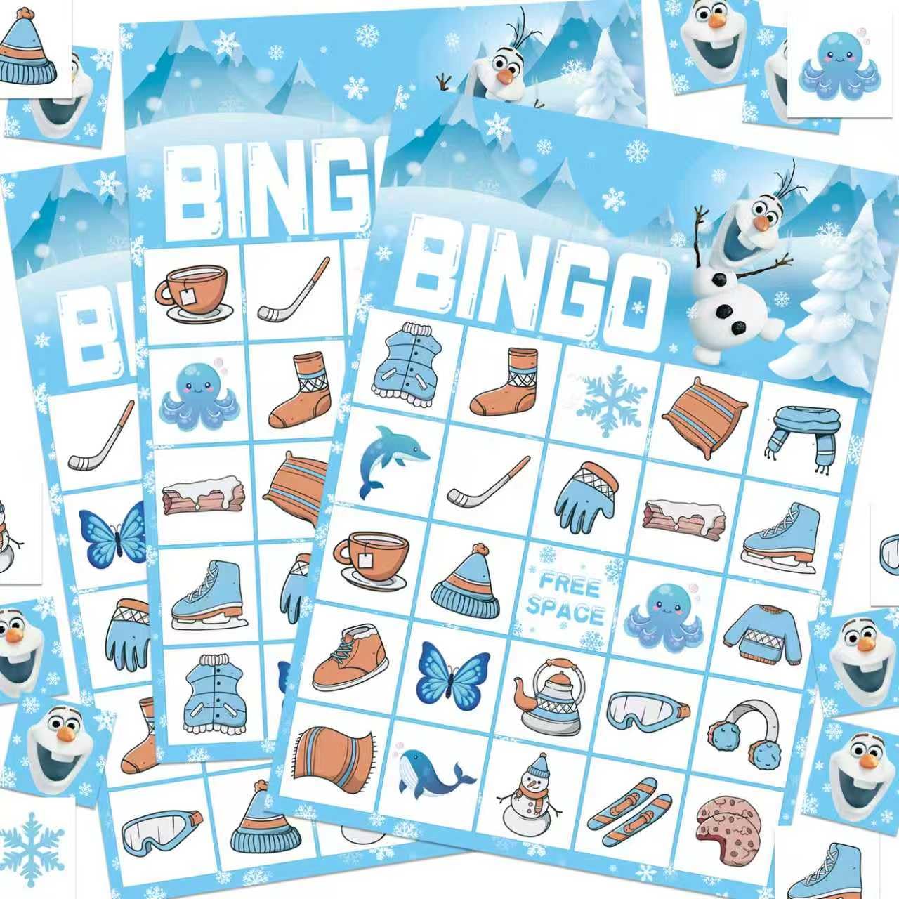 CheerChamp snowman christmas bingo game with 24 player cards and chips