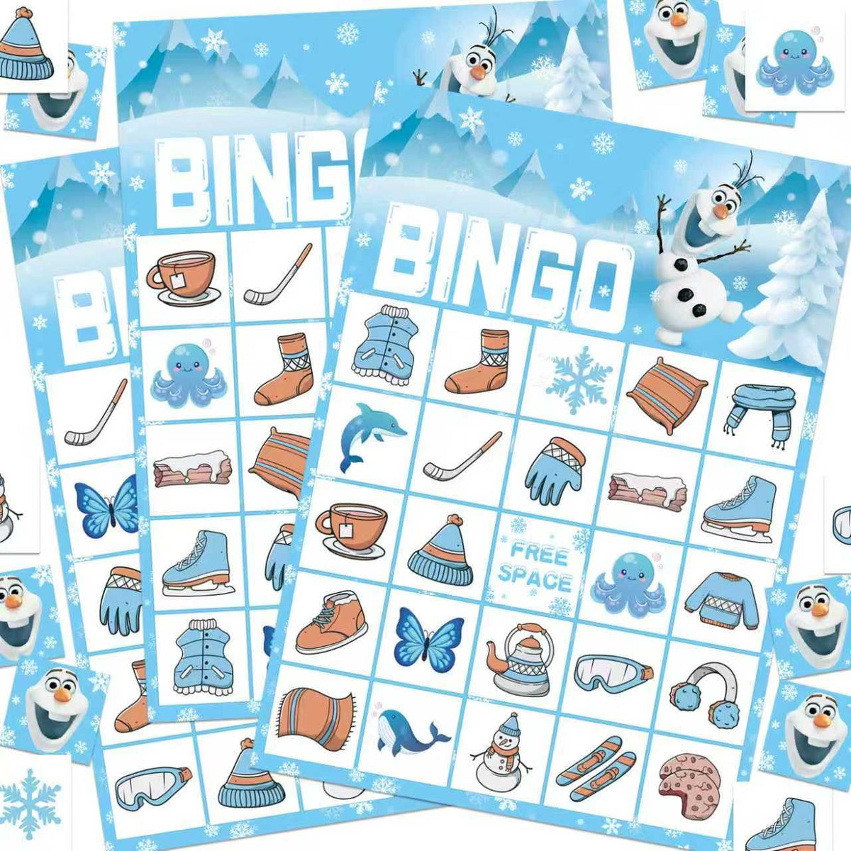 CheerChamp snowman christmas bingo game with 24 player cards and chips
