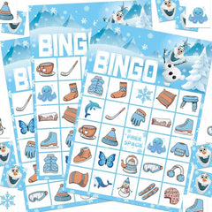 CheerChamp snowman christmas bingo game with 24 player cards and chips