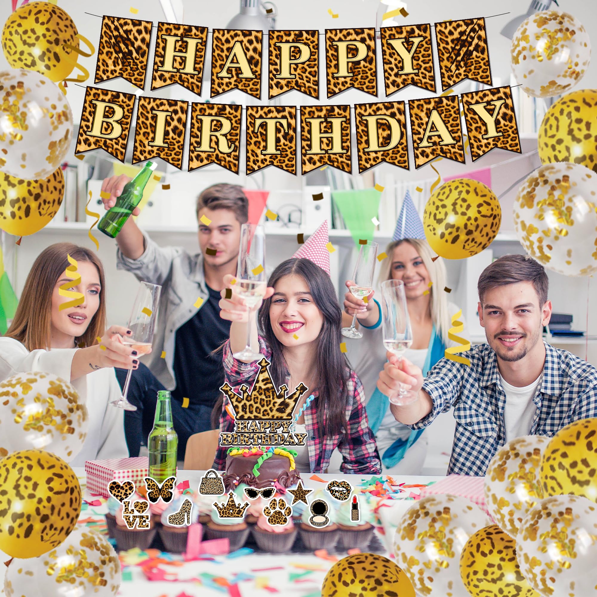 Large Happy Birthday cake topper in cheetah style