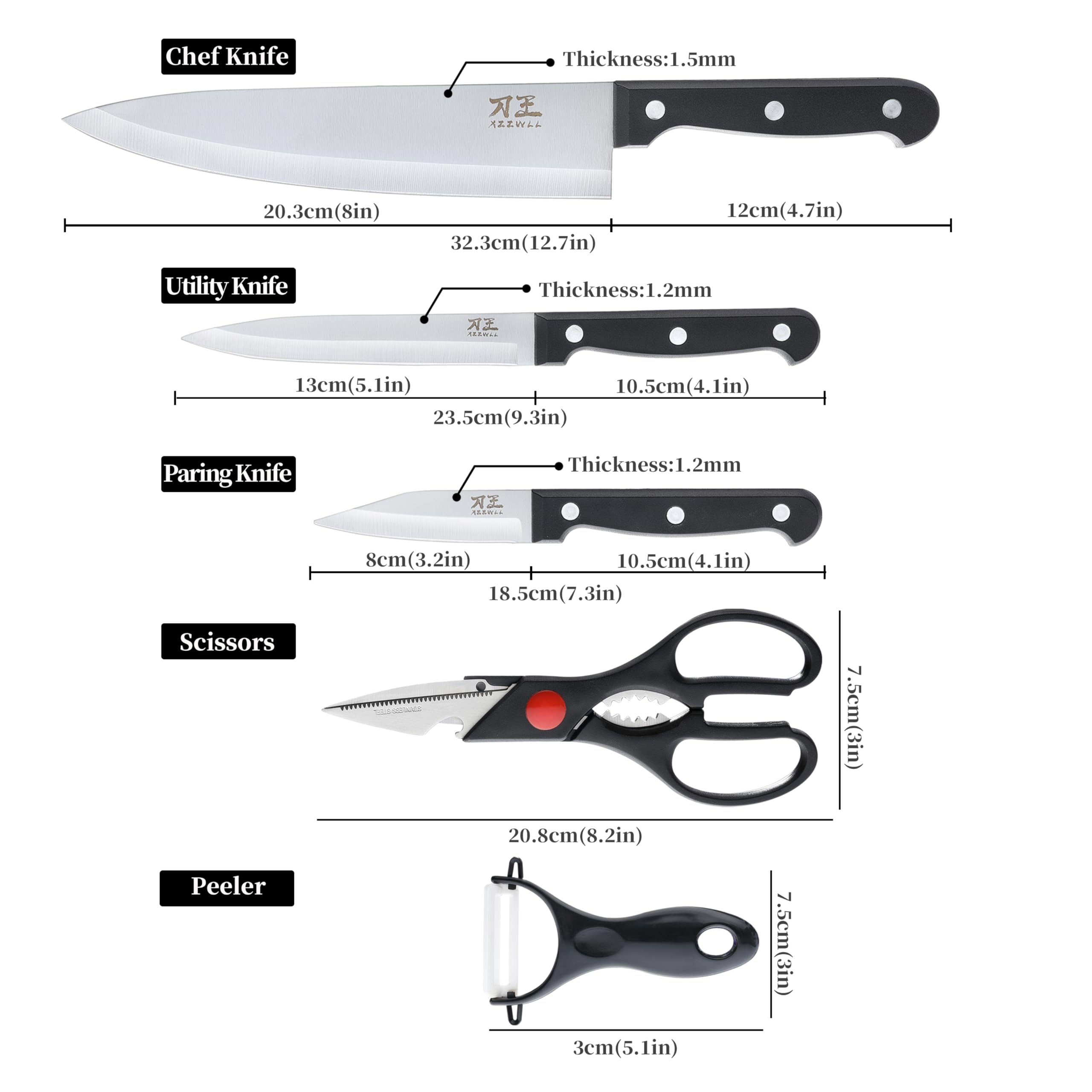 chef knife 8 inch blade from 5 Pieces Kitchen knife Set