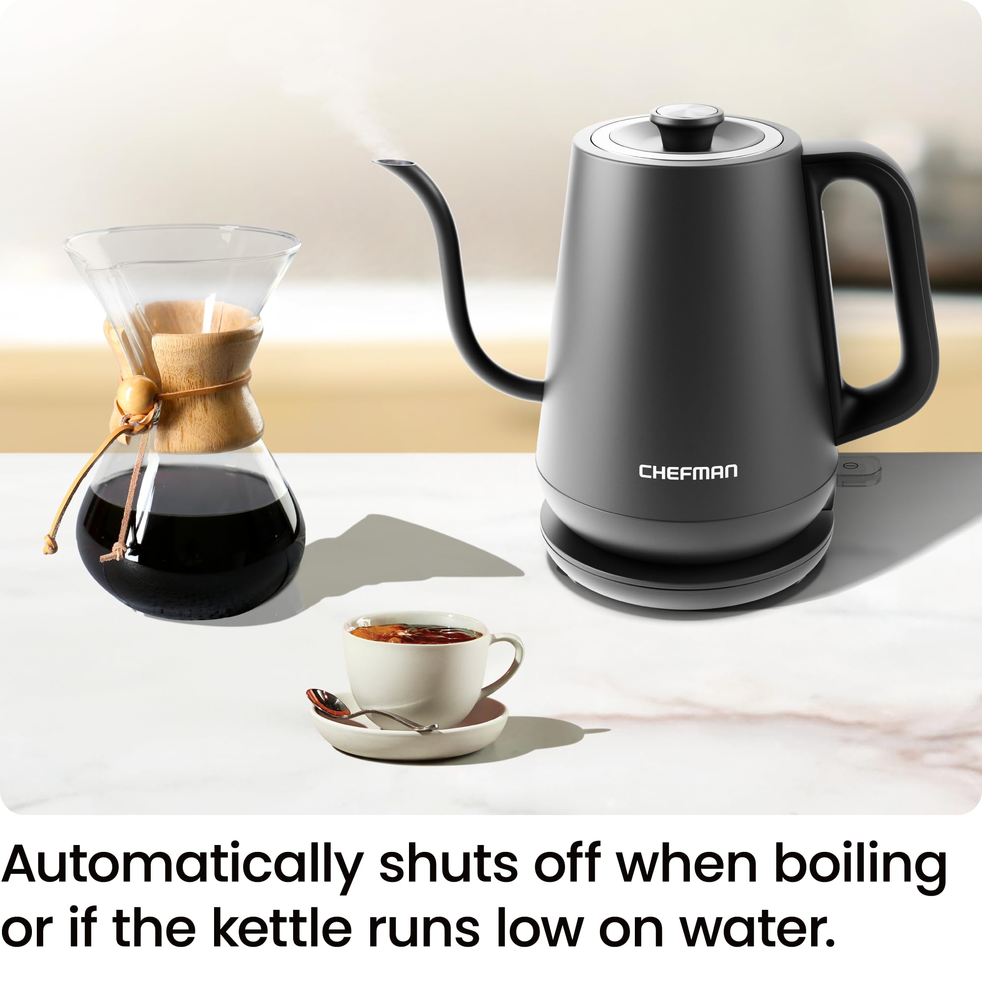 0.8L capacity serves about 4 cups Chefman kettle