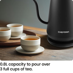 Gooseneck design detaches for cordless pouring Chefman kettle