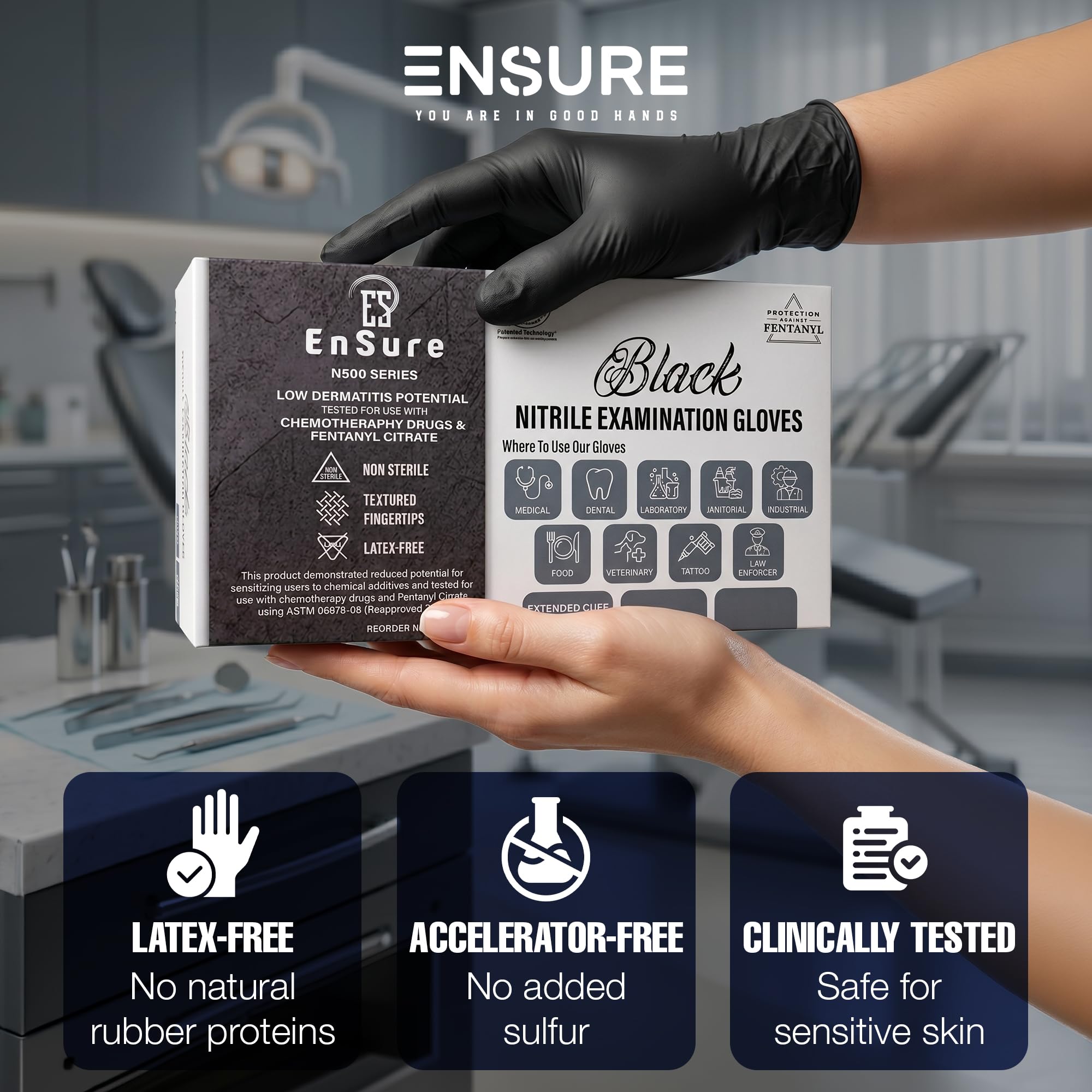 Black nitrile disposable gloves showing dexterity and grip
