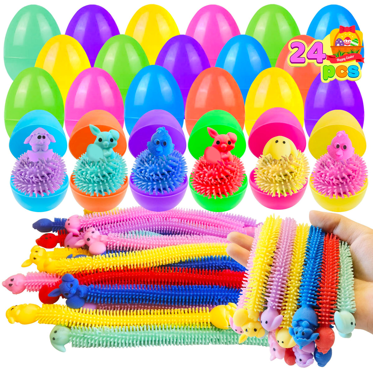 Cherislpy 24 pack prefilled Easter eggs with bunny stretchy strings