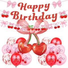 Cherry Birthday Balloons 20PCS packaging with cherry bow foil balloons and banner
