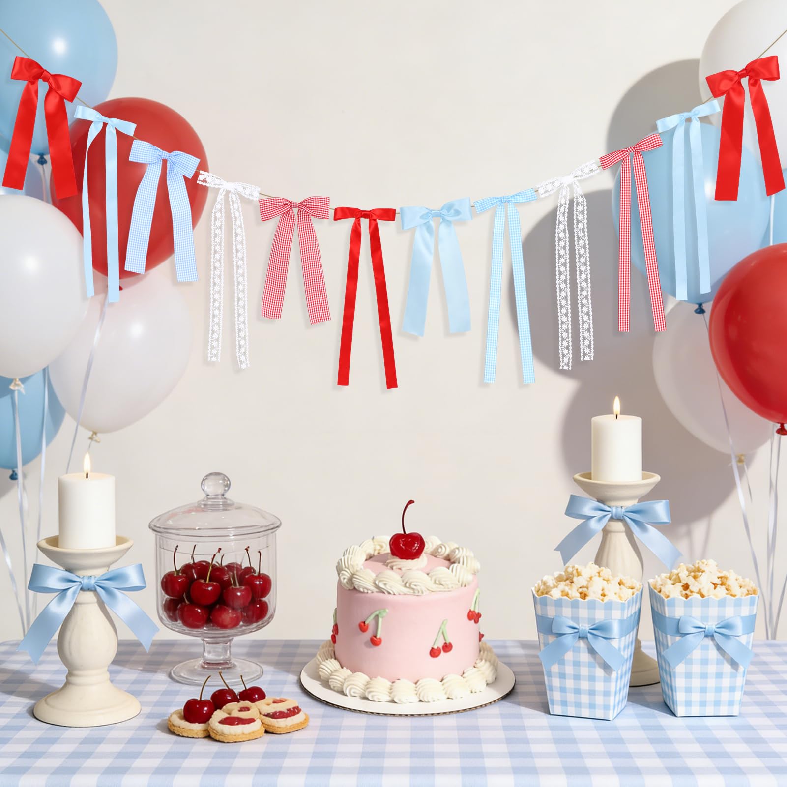 Cherry Blue Gingham Bow Garland with red and blue gingham and white lace bows