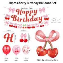 Cherry Bow Foil Balloons with red and pink latex balloons for birthday decor