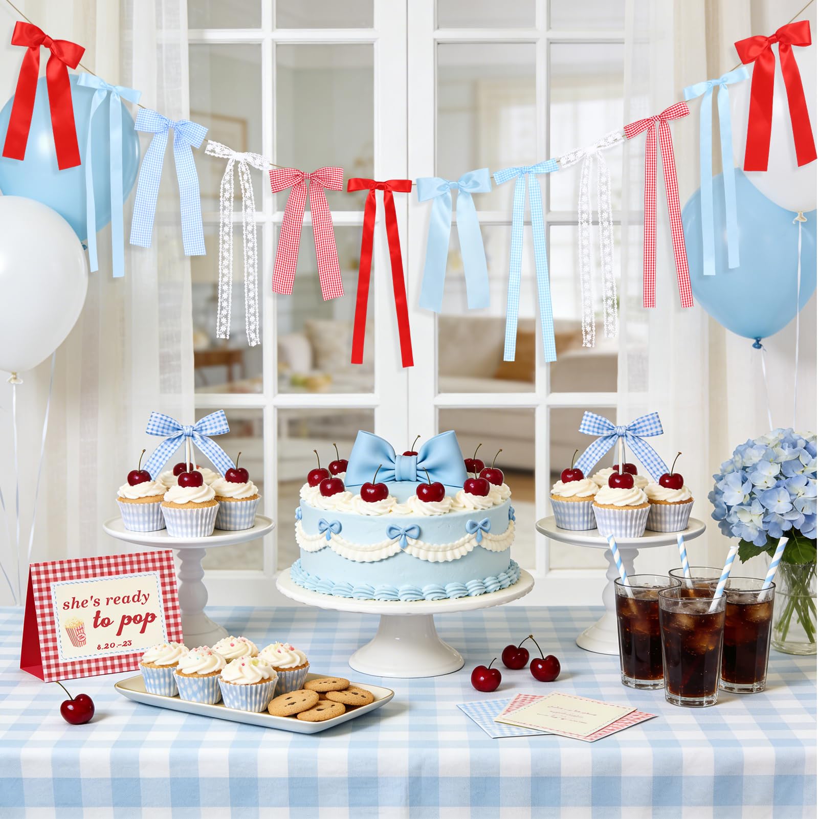 Cherry on Top theme party decor with gingham bows
