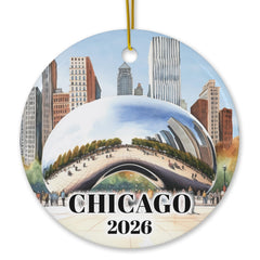 Chicago 2026 souvenir watercolor skyline ornament front view