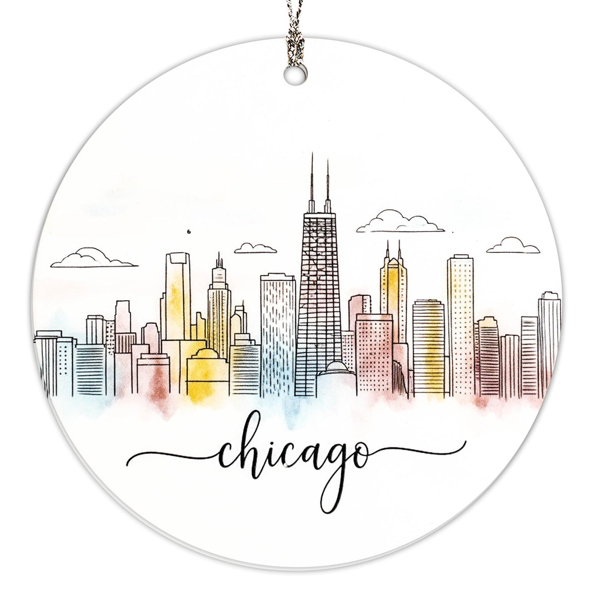 Chicago Ornament skyline Christmas decor watercolor cityscape