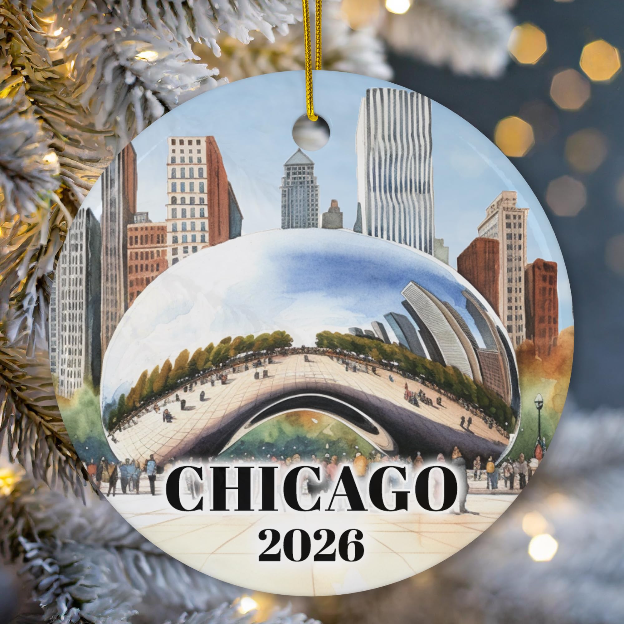 Glossy ceramic round ornament with watercolor skyline design
