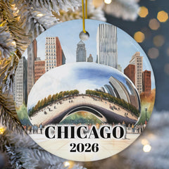 Glossy ceramic round ornament with watercolor skyline design