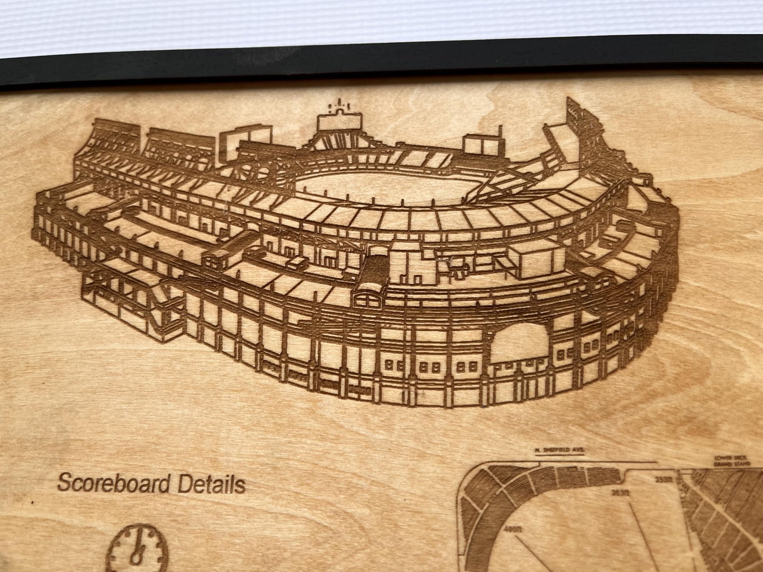 Laser engraved real wood wall art stadium history and facts