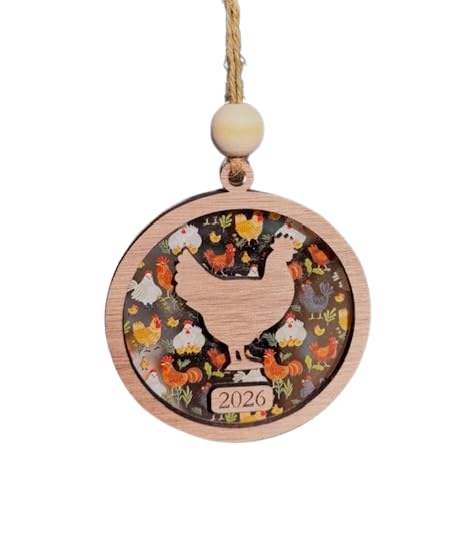Chicken Lady Christmas Ornament 2026 with walnut wood top layer and clear acrylic