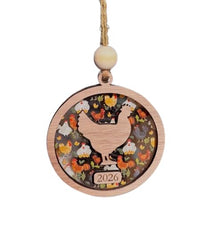 Chicken Lady Christmas Ornament 2026 with walnut wood top layer and clear acrylic