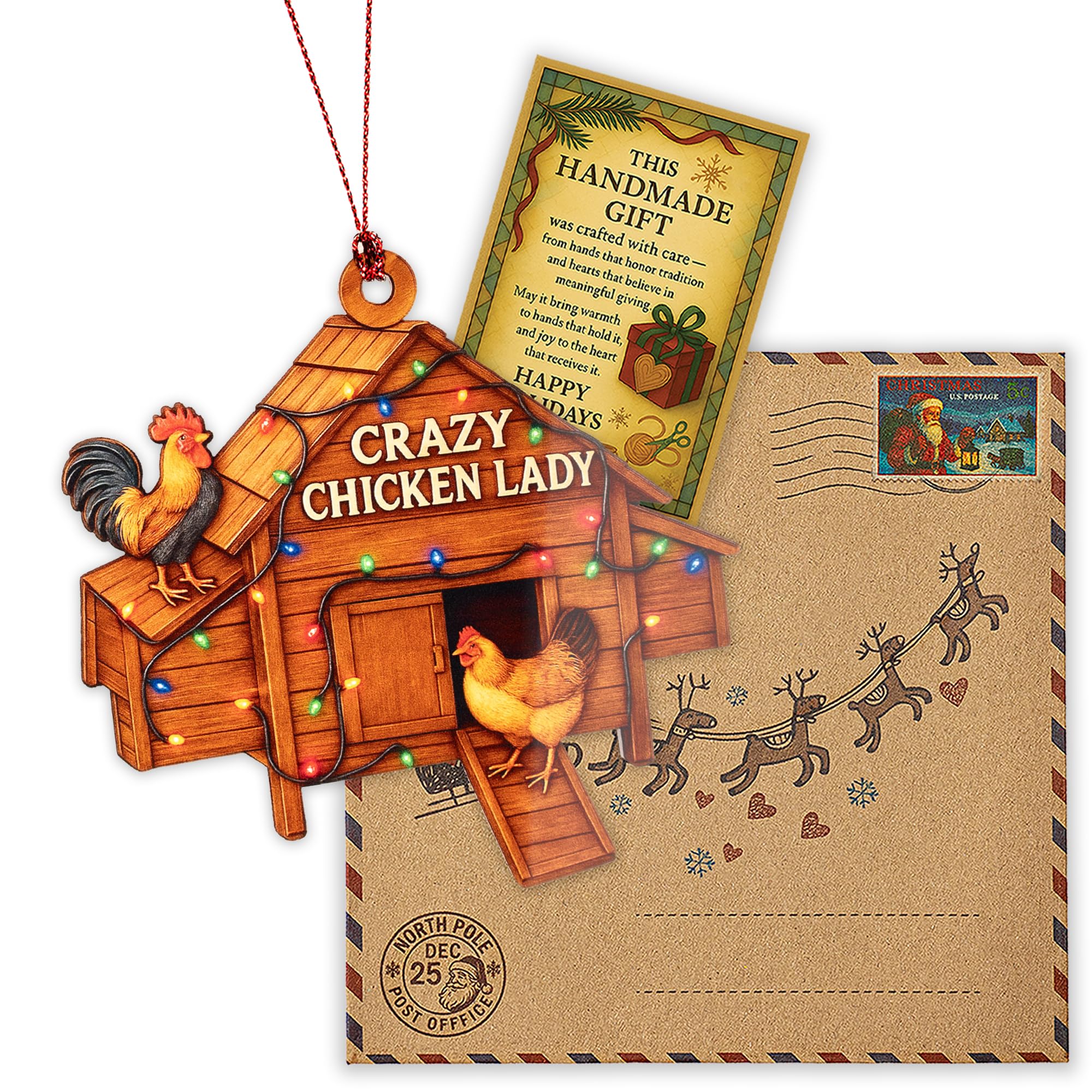 Chicken ornament display on holiday table
