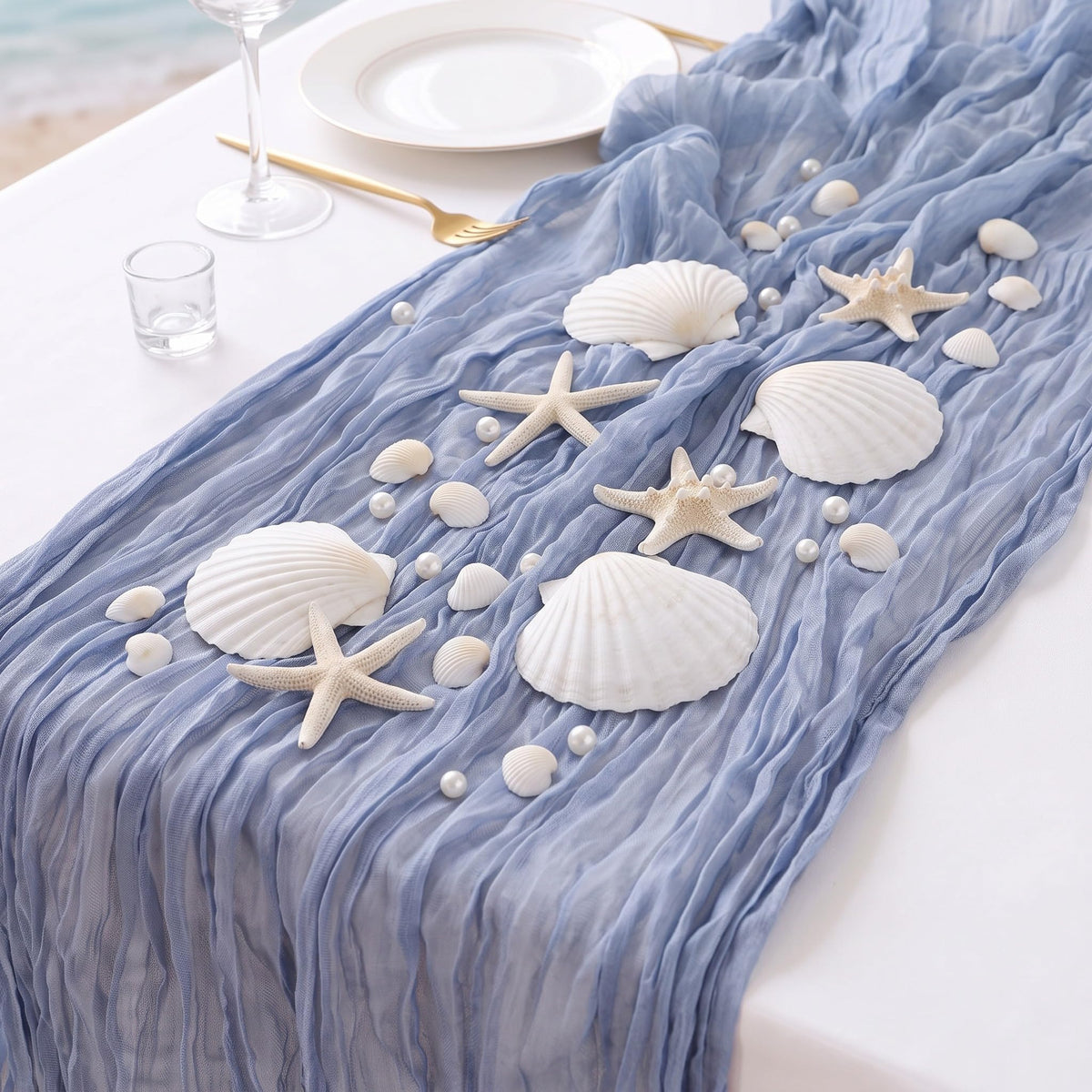 Chicplaid blue cheesecloth table runner 35x118 inches