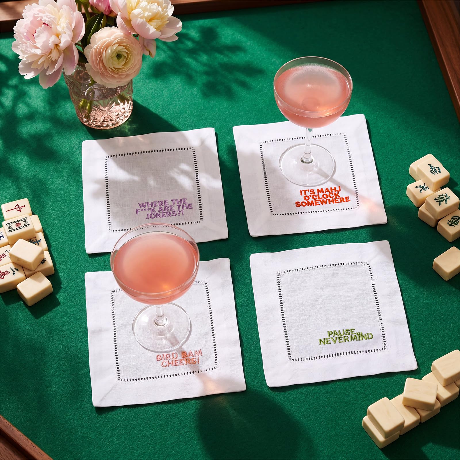 Embroidered mahjong napkins set 6x6 for game night Chicplaid