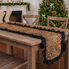 Chicplaid leopard table runner with black ruffle edge