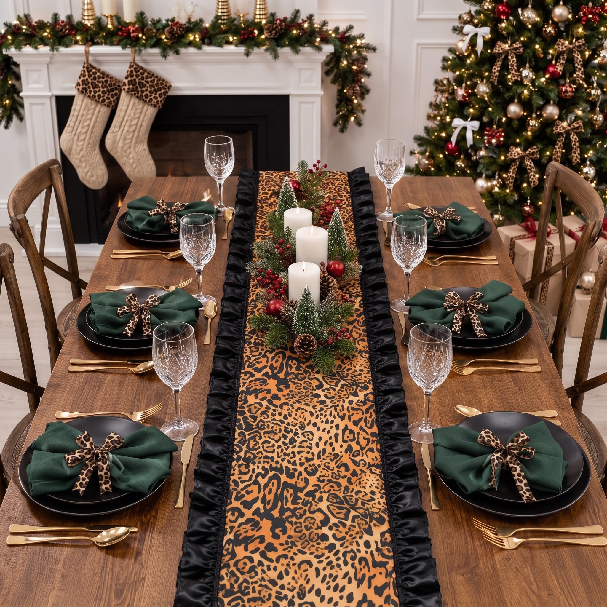 One leopard print table runner packaged for use