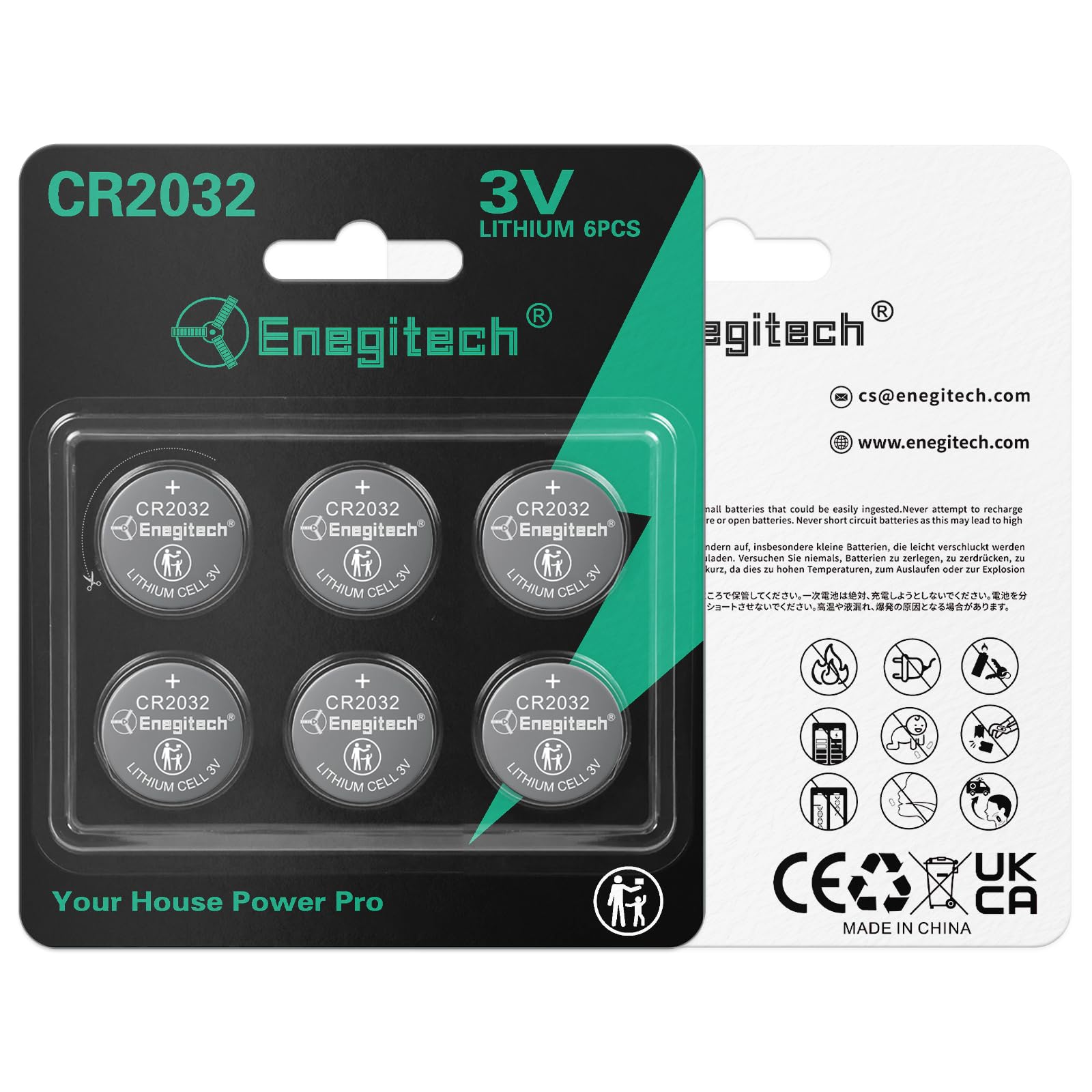 Six pack of Enegitech CR2032 batteries for devices