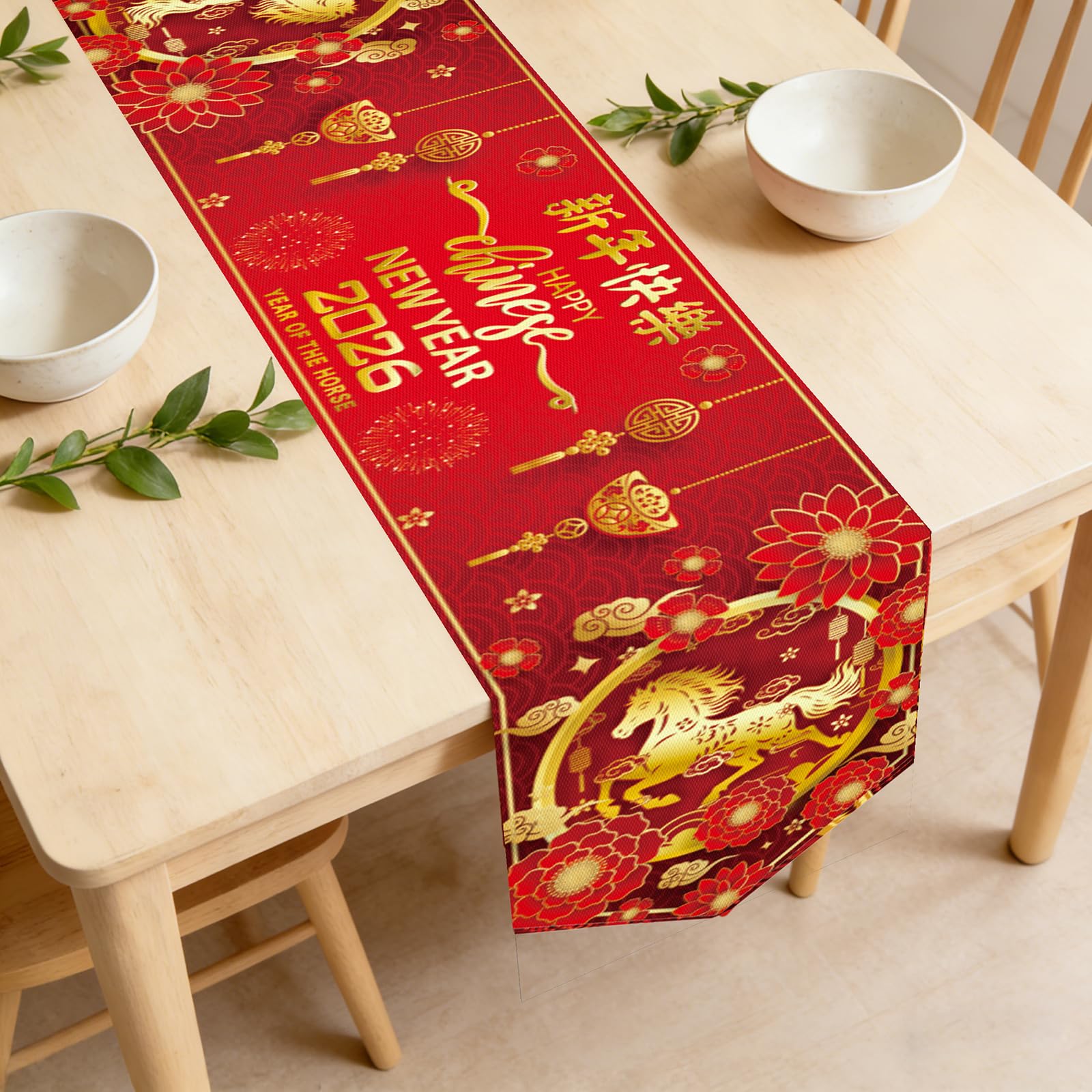 Chinese New Year table runner 72x13 inch red and gold