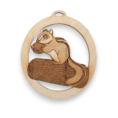 Personalized chipmunk ornament on natural wood