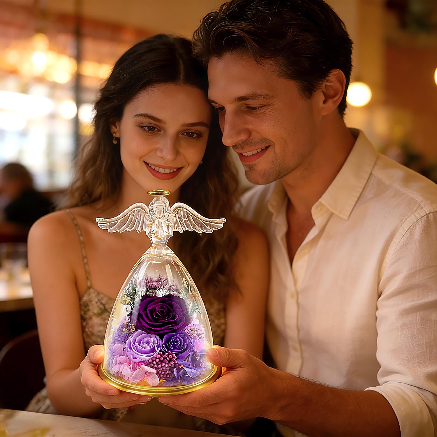Crystal clear acrylic dome with preserved roses and angel figure