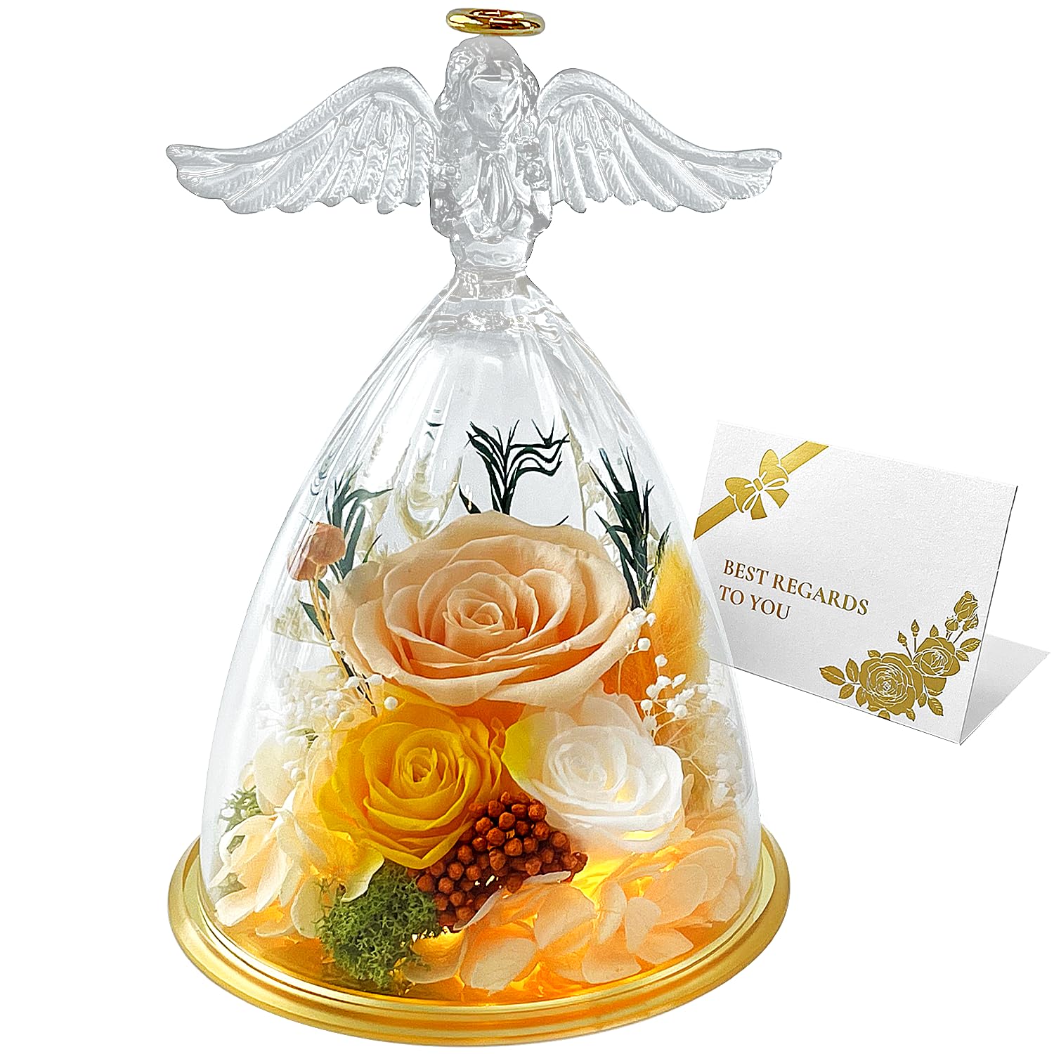Chosiarose Forever Flowers glass angel figurine with preserved roses inside acrylic dome