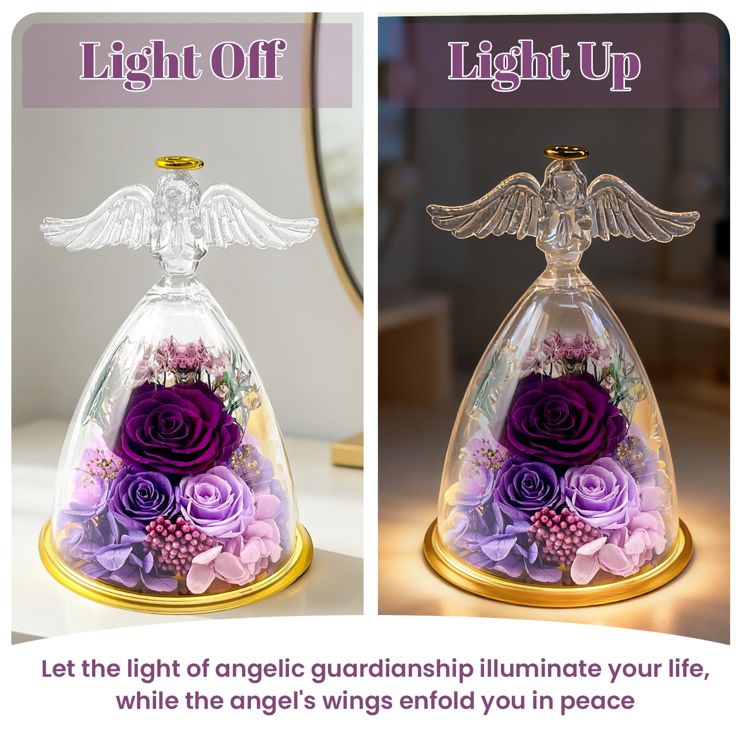 Warm LED lights illuminate the gift box with preserved roses