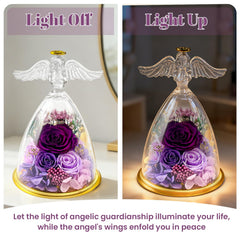 Warm LED lights illuminate the gift box with preserved roses