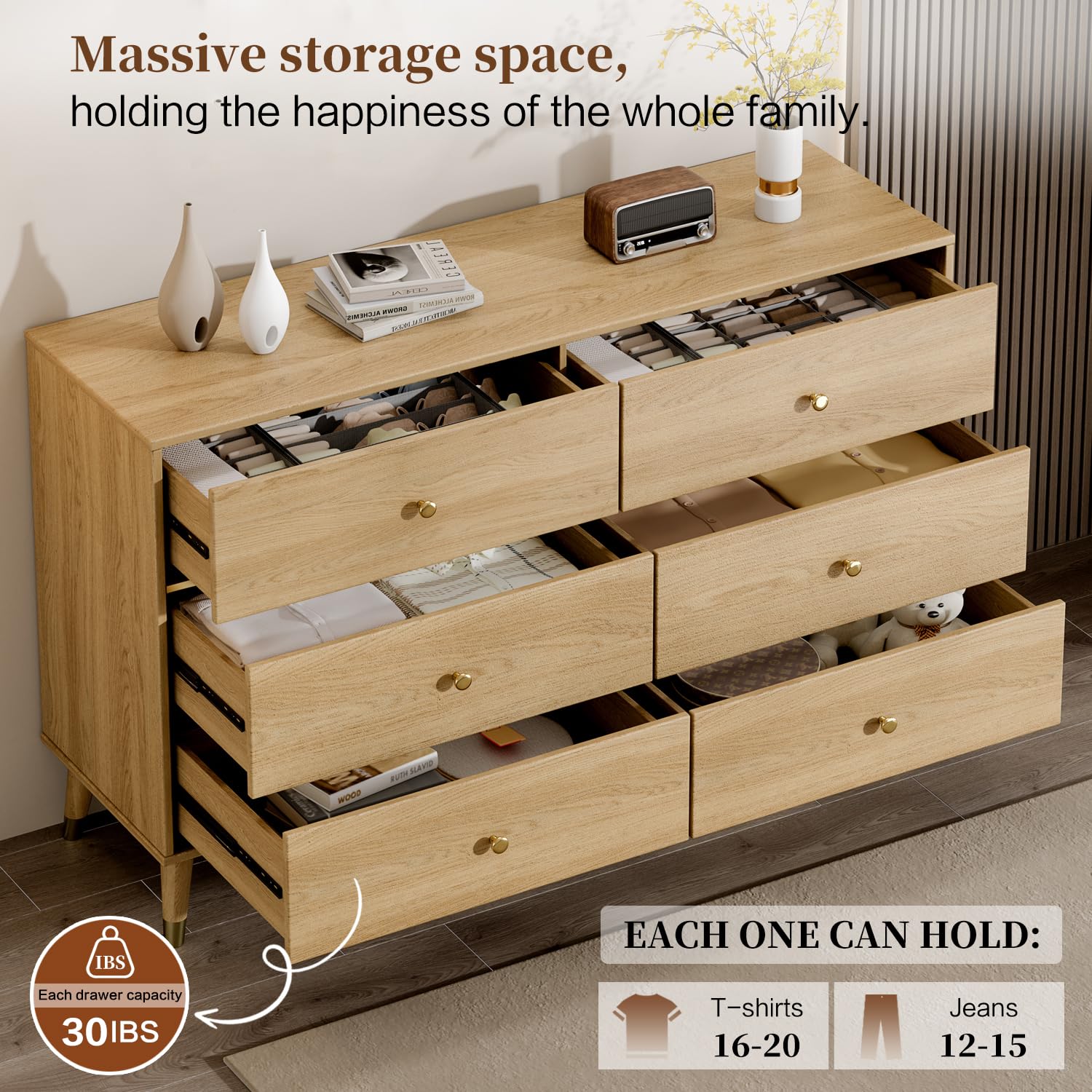 Chrangmay oak dresser for bedroom with 6 drawers